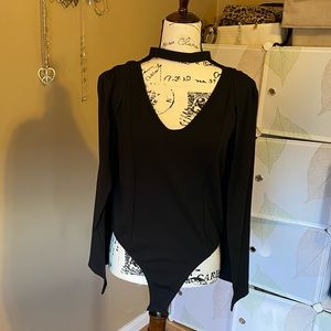 Kim & Cami - Black Bodysuit - Size L - Unique Cape Style Top